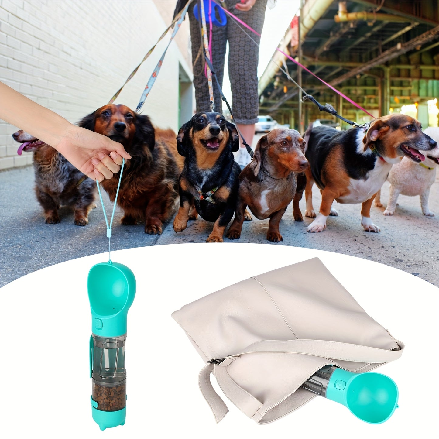 Portable Dog Feeder with Cup & Poop Shovel – Travel-Friendly, Spill-Proof Pet Food Dispenser