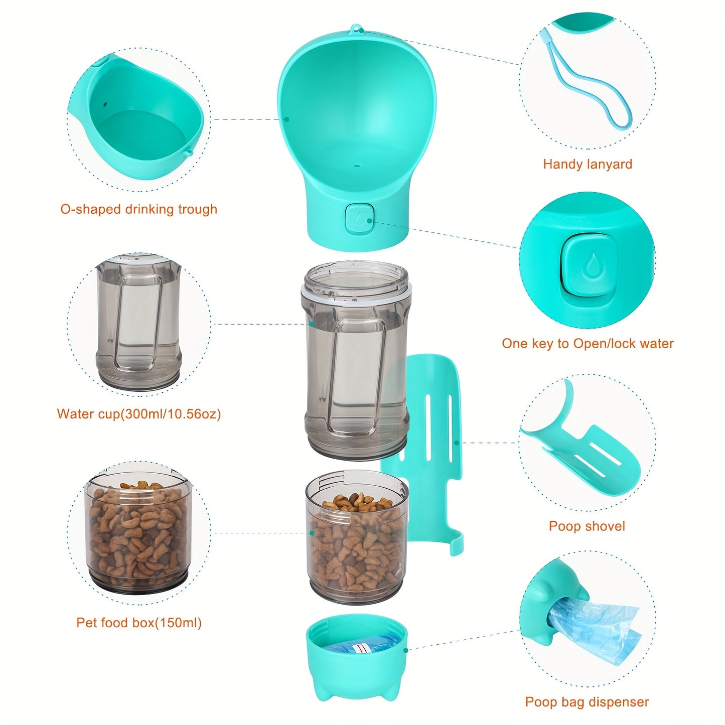 Portable Dog Feeder with Cup & Poop Shovel – Travel-Friendly, Spill-Proof Pet Food Dispenser